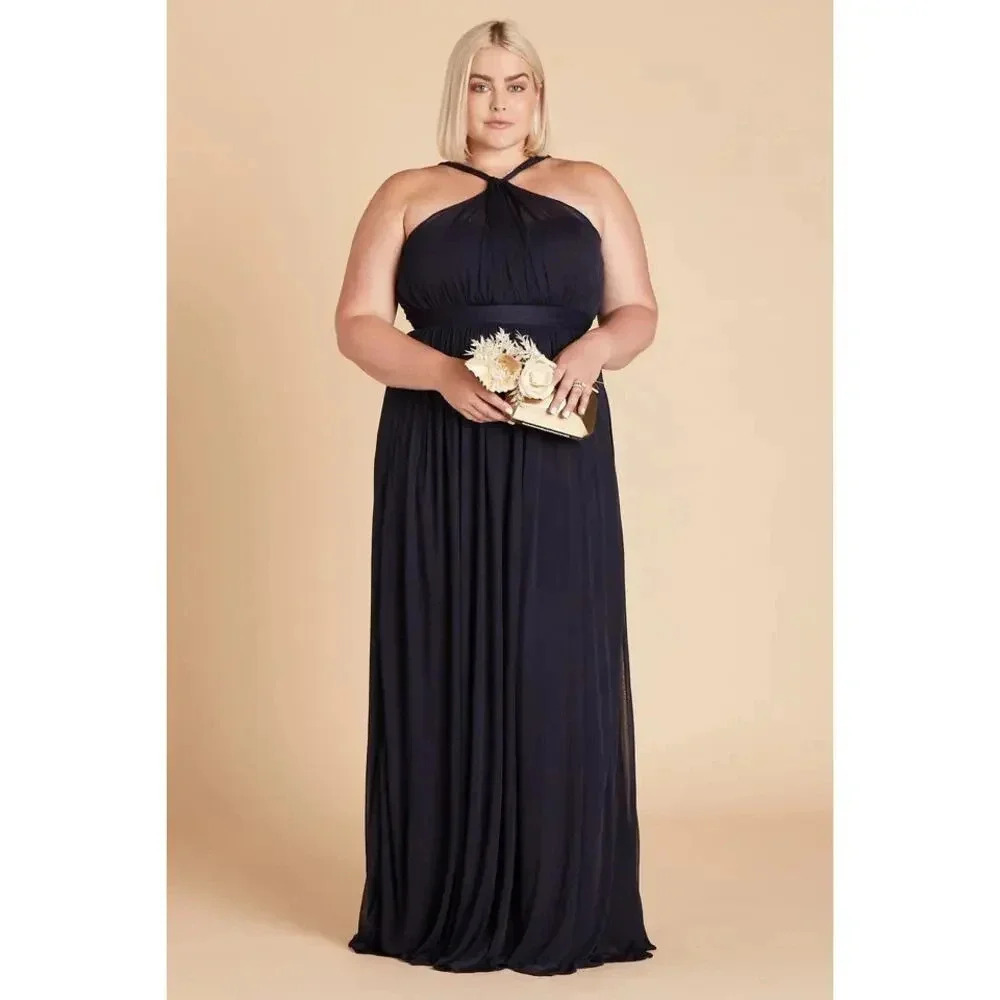 NWT Birdy Grey Kiko Maxi Dress Grecian Halter Soft Ruched Mesh Navy Curve 3X